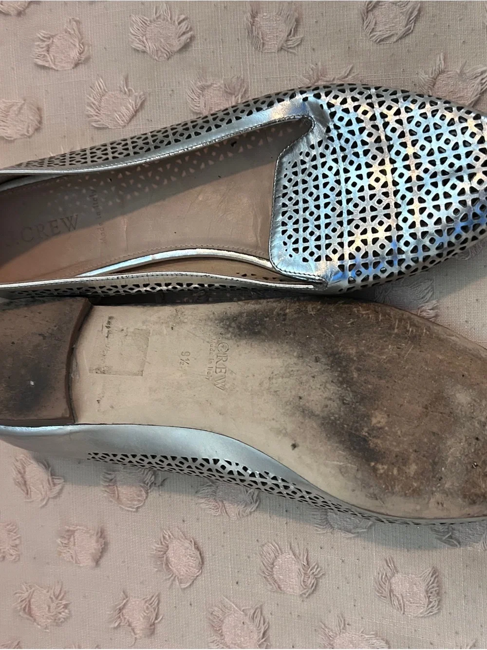 J. Crew Metallic Silver Laser-Cut Leather Flats